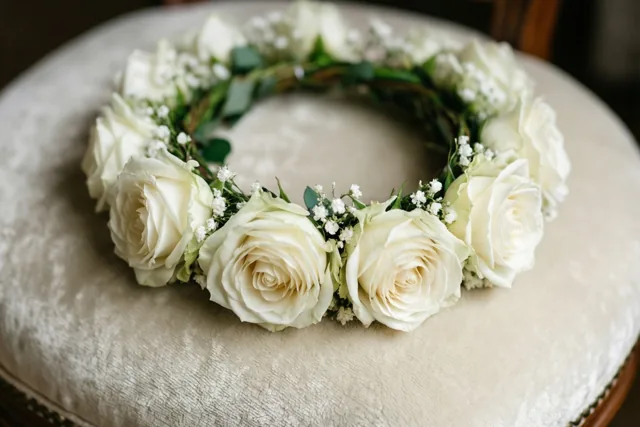 Een fijne bloemenkroon van witte rozen en gipskruid ligt op een zacht ivoorkleurig fluwelen kussen.