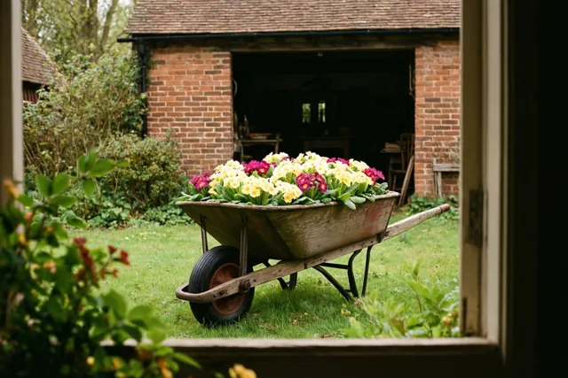 Door een raam is een verweerde houten kruiwagen vol gele en magenta sleutelbloemen te zien op een groen gazon voor een rood bakstenen schuurtje.