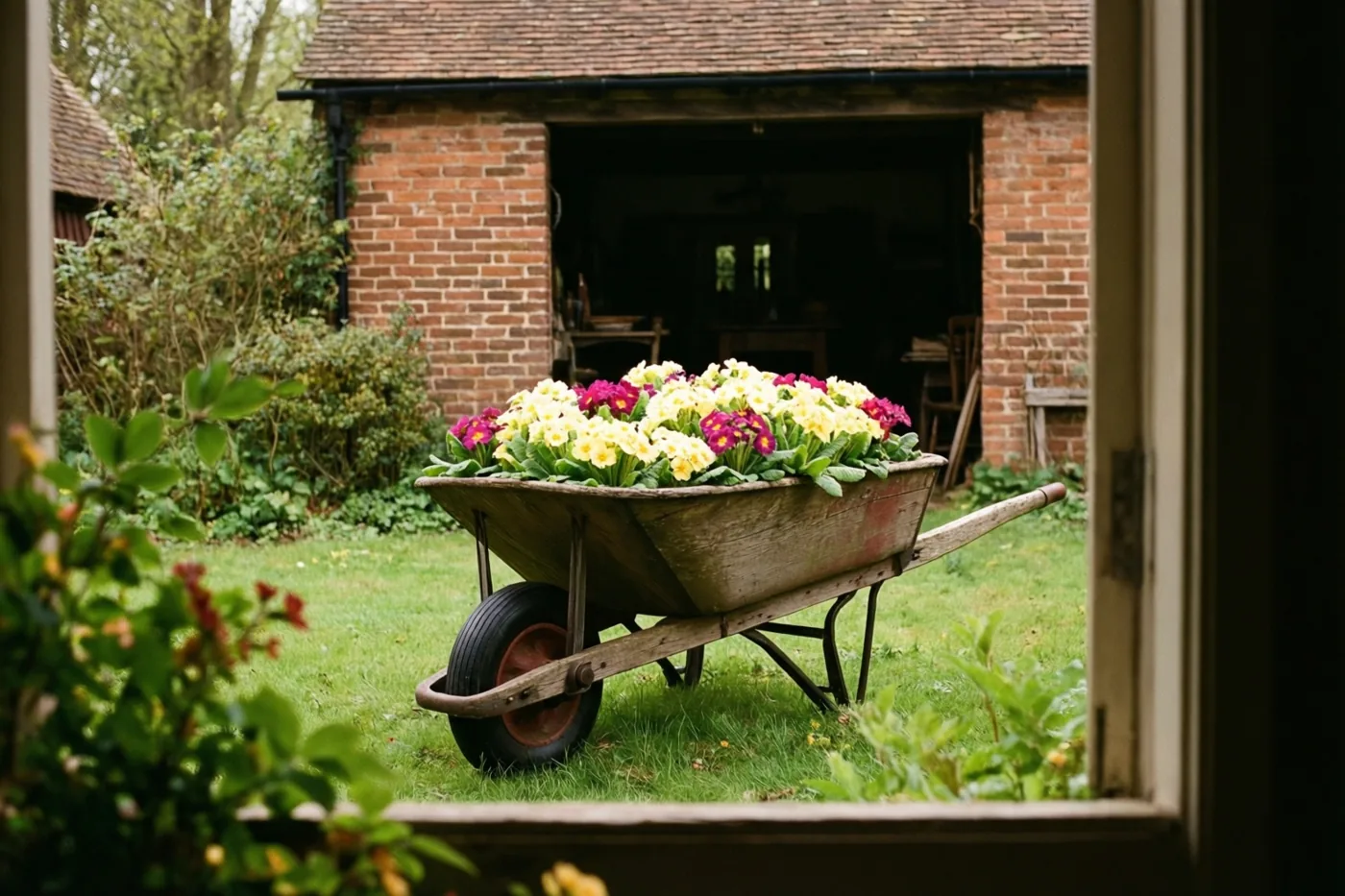 Door een raam is een verweerde houten kruiwagen vol gele en magenta sleutelbloemen te zien op een groen gazon voor een rood bakstenen schuurtje.