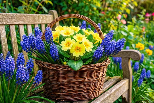Lentebloemen op de tuinbank