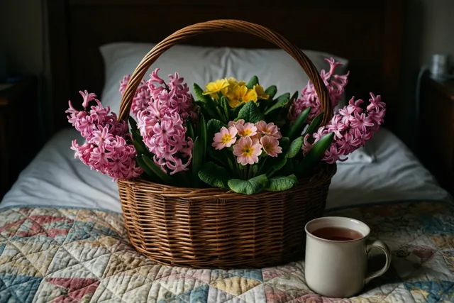 Een rieten mand met roze hyacinten en primula’s staat naast een witte mok thee op een lappendeken op een bed, met een wit kussen op de achtergrond.