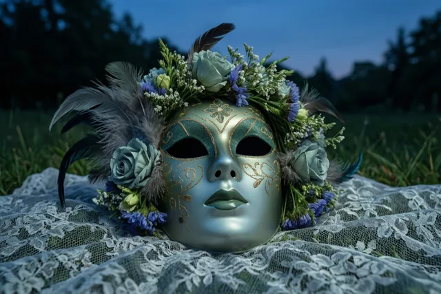 Een masker met verse bloemen en veren ligt buiten op een witte kanten doek in koele blauwe en groene tinten.
