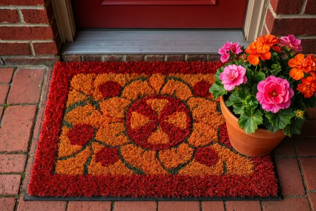 Een kleurrijke deurmat met bloemenpatroon ligt op een bakstenen pad voor een rode deur, naast een terracottapot met roze en oranje bloemen.