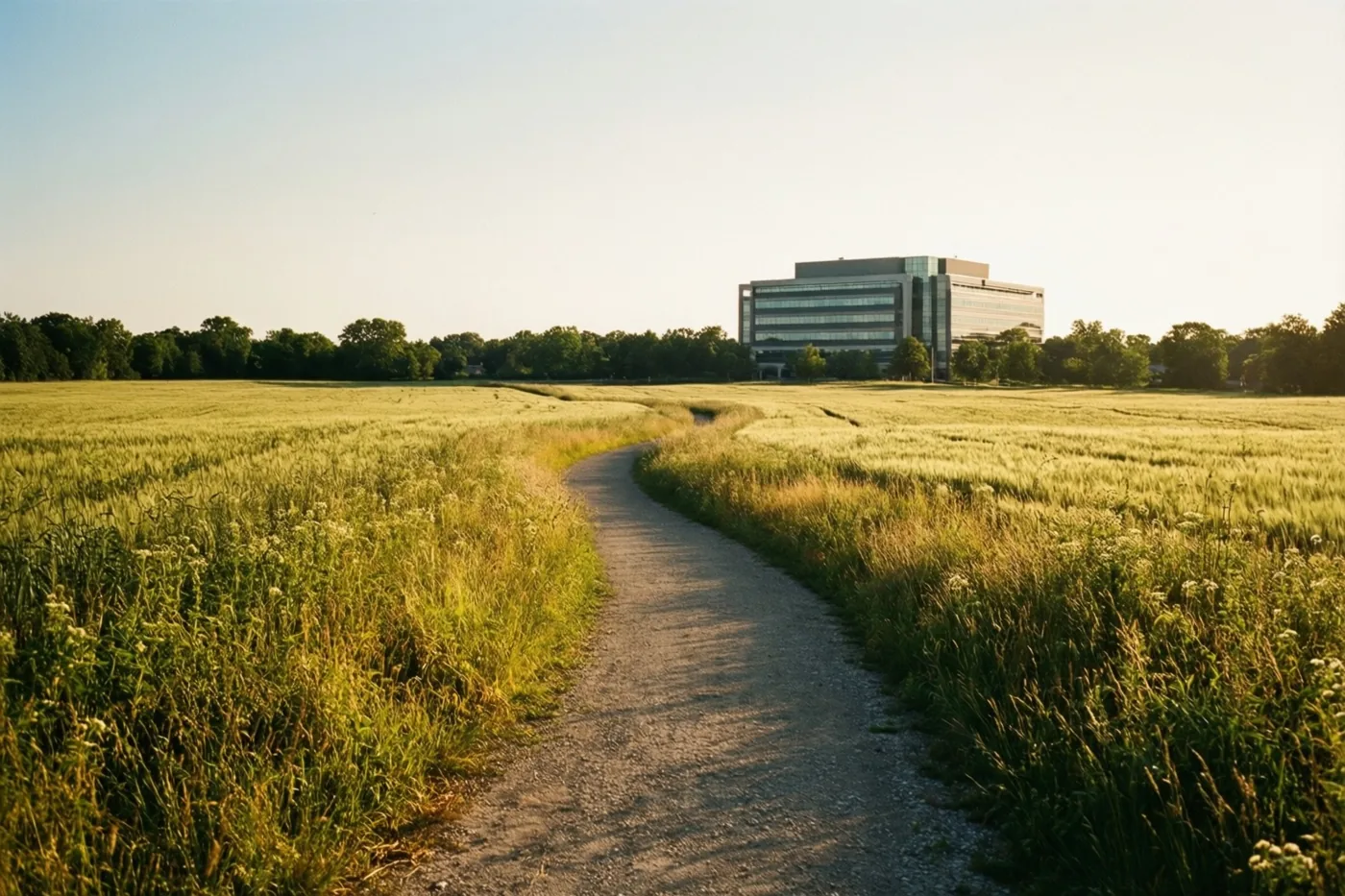 Een kronkelend grindpad loopt door hoog gras en wilde bloemen naar een glazen en stalen kantoorgebouw aan de horizon in gouden zonlicht.