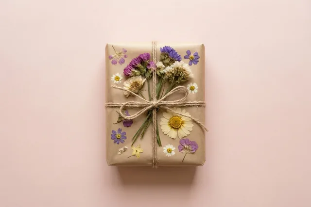 Een rechthoekig cadeau in bruin papier met touw en geperste bloemen ligt midden op een effen roze achtergrond.