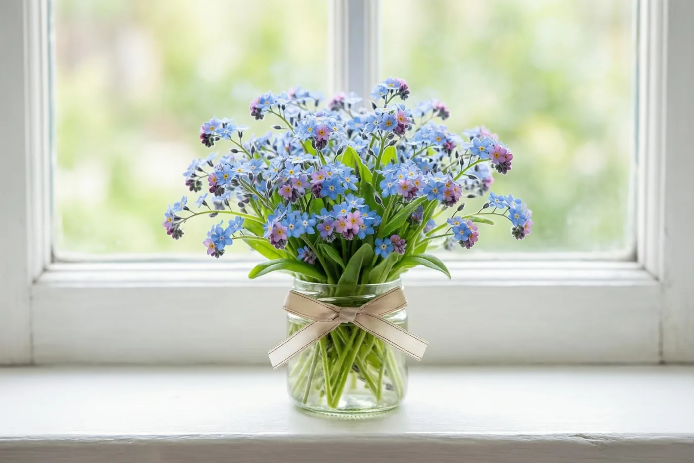Blauwe en paarse vergeet-mij-nietjes staan in een doorzichtig glazen potje met een beige strik op een witte vensterbank voor een helder, wazig uitzicht.