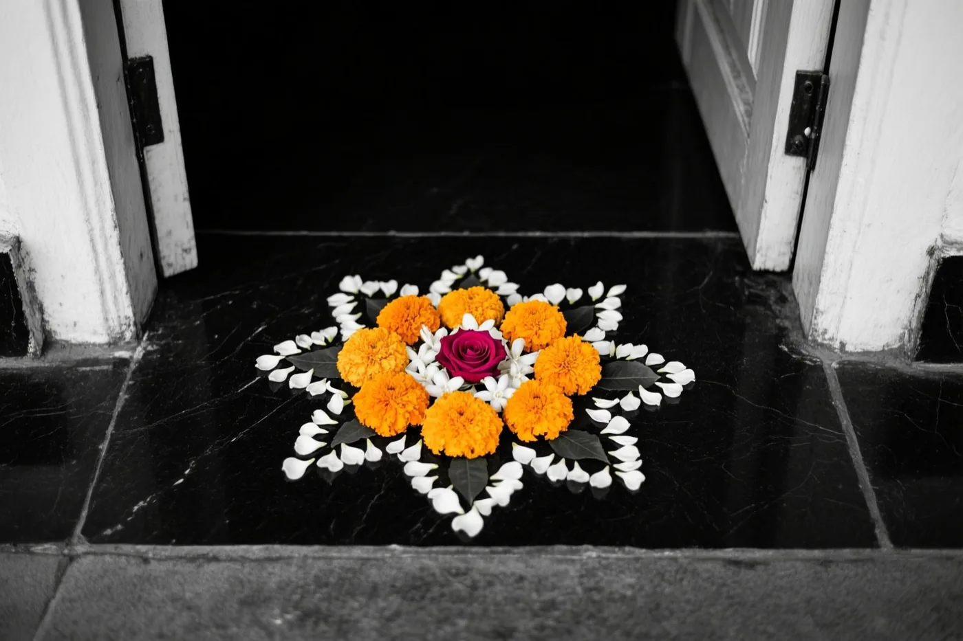 Een kleurrijke rangoli van afrikaantjes, een roos en jasmijnblaadjes ligt op een zwarte marmeren vloer tussen witte deurkozijnen.