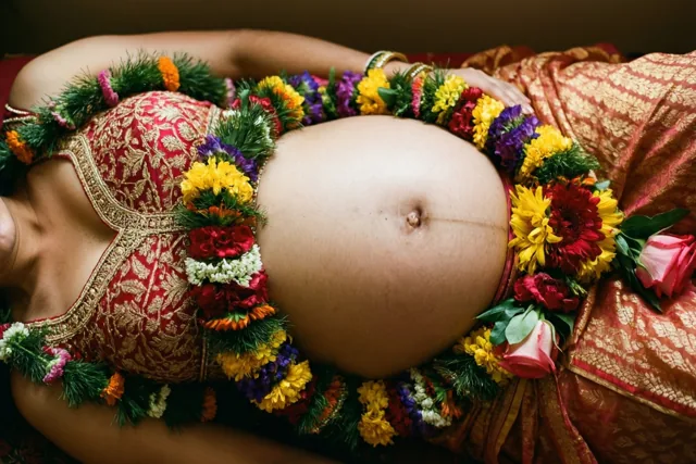 Een zwangere vrouw ligt op haar rug met een kleurrijke bloemenslinger op haar buik en draagt rood met goud geborduurde kleding in warm binnenlicht.