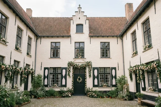 Een kasseien binnenkoer van een witte Vlaamse hoeve met donkergroene luiken en een pannendak is versierd met weelderige bloemenslingers onder een bewolkte hemel.