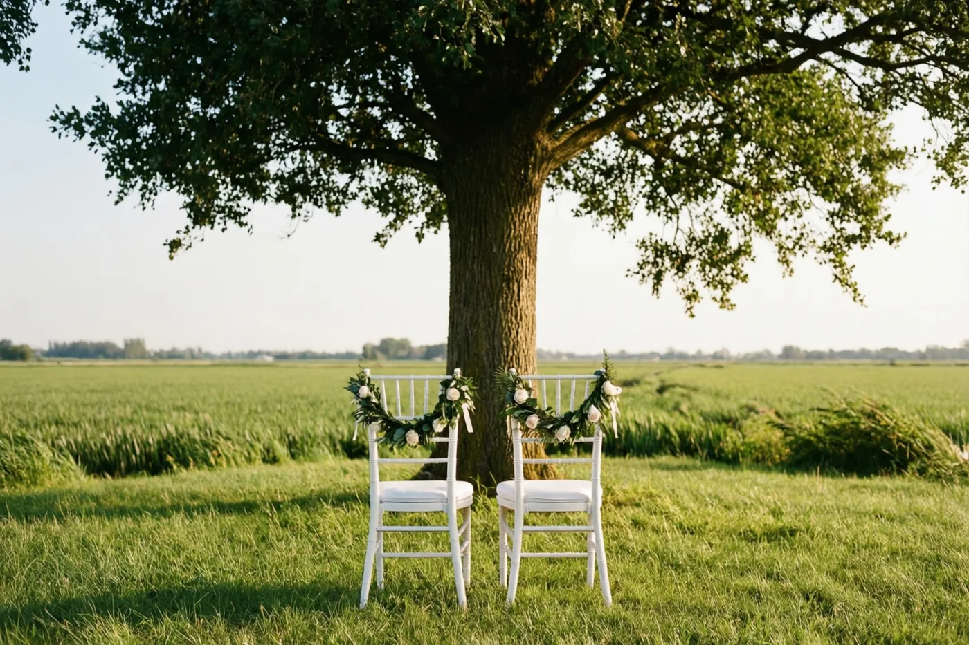Twee witte stoelen met bloemenslingers staan onder een grote boom in een grasveld, in zacht natuurlijk licht.