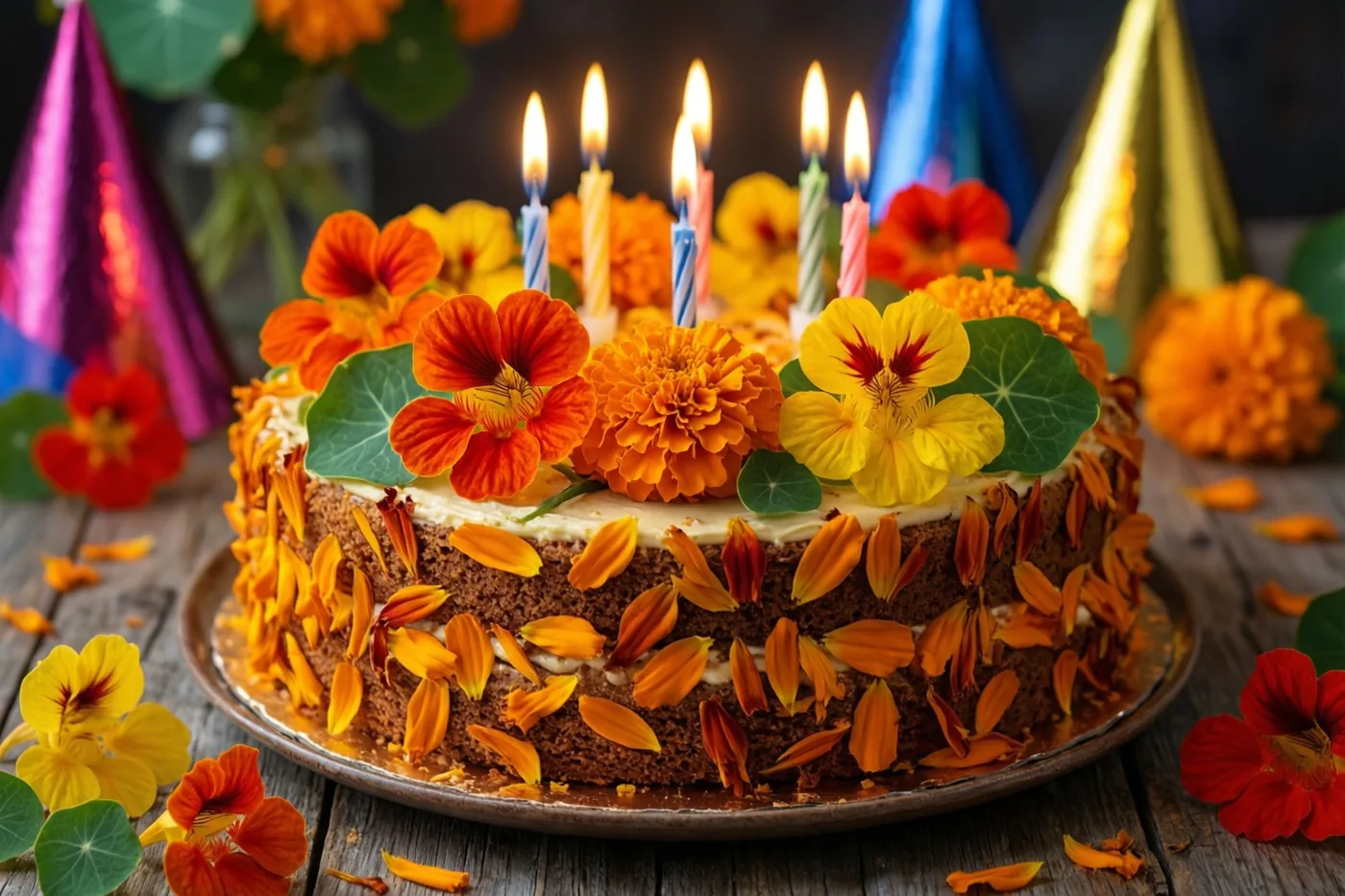 Een ronde taart met goudsbloemblaadjes, Oost-Indische kers en brandende kaarsjes staat op een rustieke houten tafel, met paarse, blauwe en gouden feesthoedjes op de achtergrond.
