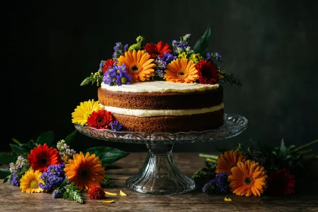 Een taart met twee lagen en wit glazuur staat op een glazen taartstandaard op een rustieke houten tafel, versierd met oranje, rode en paarse bloemen tegen een donkere achtergrond.