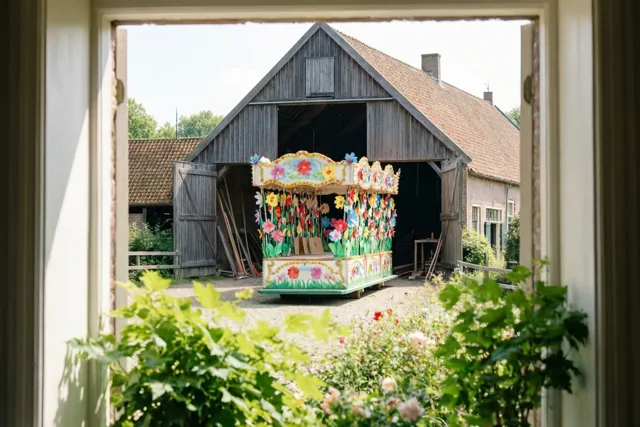 Door een open raam met groen op de voorgrond zie je bij helder daglicht een carnavalswagen met papieren bloemen voor een rustieke Vlaamse hoeveschuur.