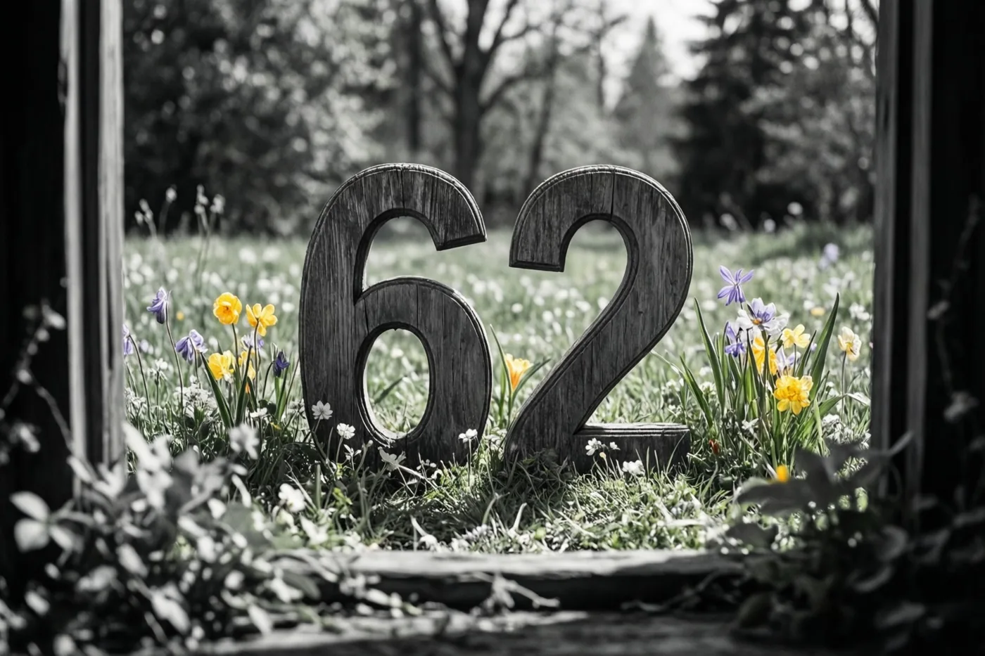 Door een raam zijn houten cijfers 62 in een weide te zien, met gekleurde lentebloemen in een verder zwart-wit beeld.