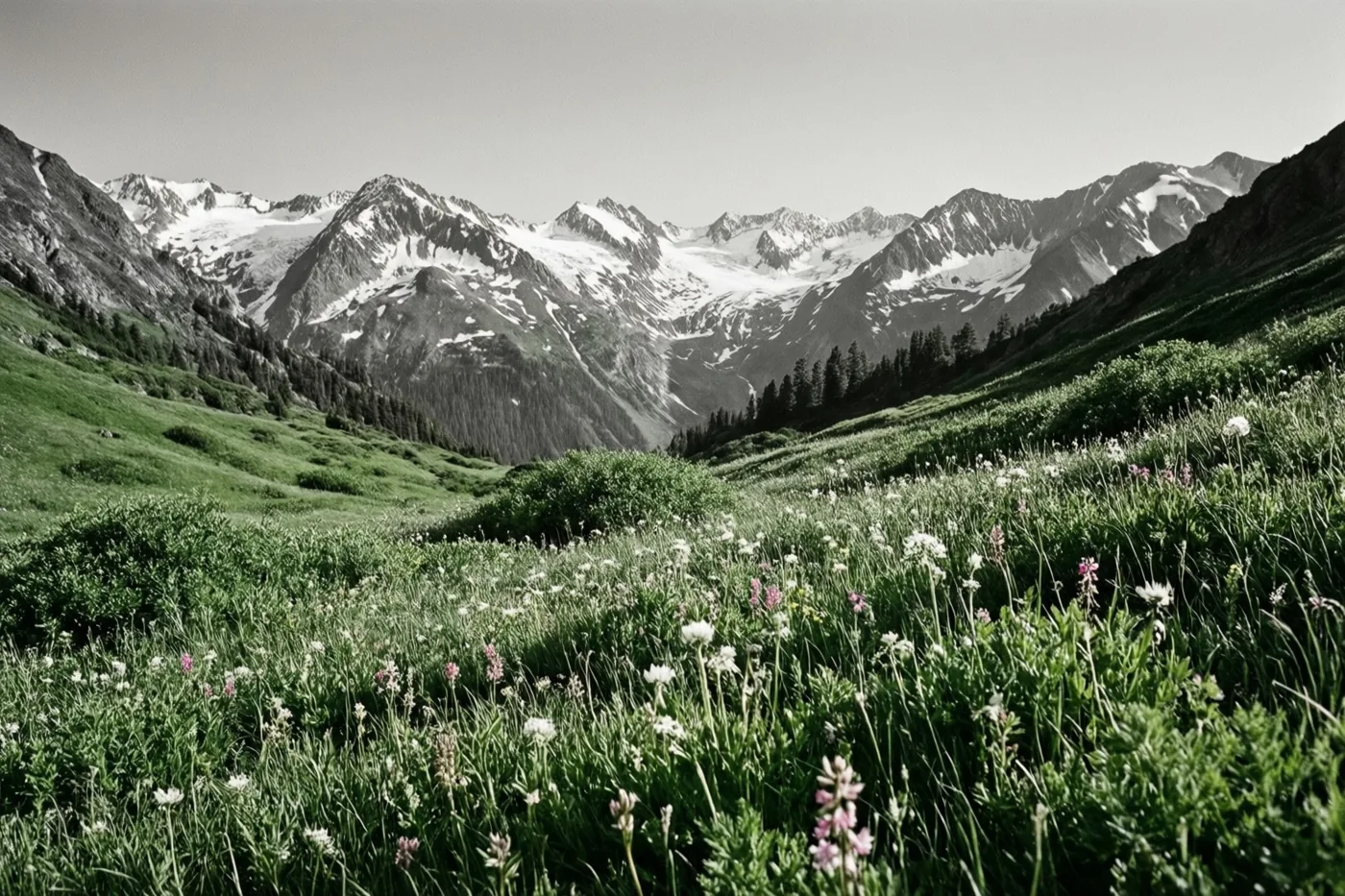 Een groene bergweide vol wilde bloemen strekt zich uit naar besneeuwde bergtoppen onder een bleke lucht.