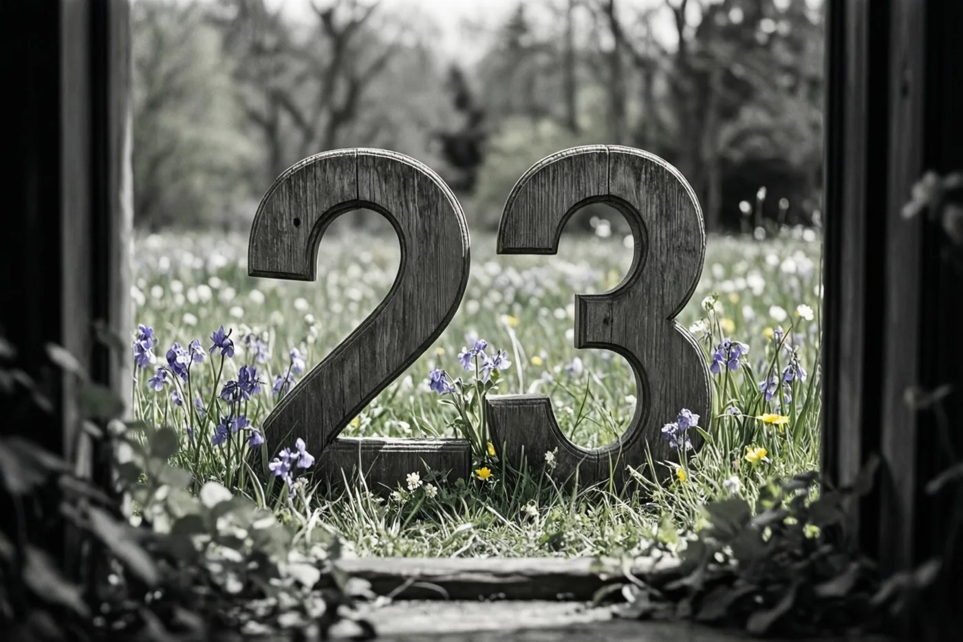 Door een raam zijn houten cijfers 23 in een bloemenweide te zien, in een zwart-witbeeld waarin alleen de lentebloemen kleur hebben.