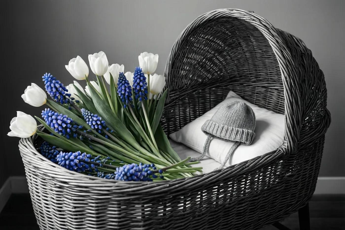 Een rieten wiegje met witte tulpen en blauwe druifjes staat tegen een effen grijze achtergrond, met een klein gebreid mutsje op een kussen in de wieg.