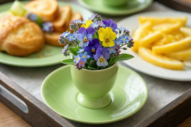 Een klein boeket viooltjes en vergeet-mij-nietjes staat in een groen eierdopje op een ontbijtdienblad met borden gebak en fruit tegen een houten achtergrond.