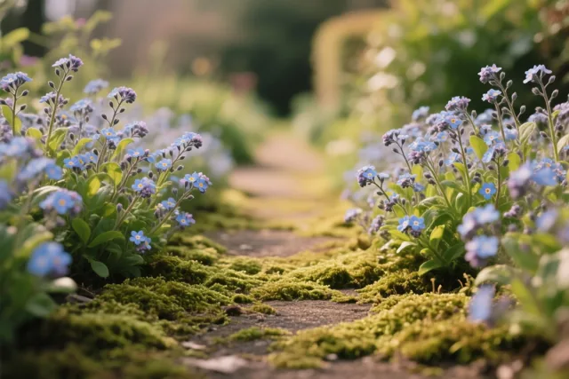 Vergeet-mij-nietjes groeien in groepjes langs een bemost tuinpad in zacht warm licht met blauwe, groene en aardbruine tinten.