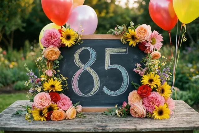 Een krijtbord met 85 in gekleurd krijt staat met kleurrijke bloemen op een houten tuintafel tussen ballonnen in zacht, warm licht.