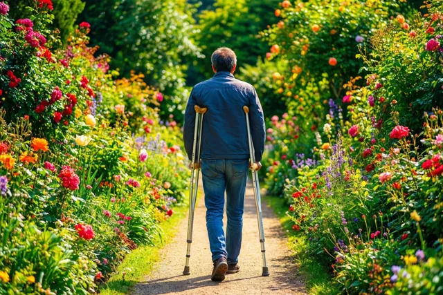 Een persoon loopt van achteren gezien op krukken over een zonnig tuinpad tussen felgekleurde bloemen in groene, rode en gele tinten.