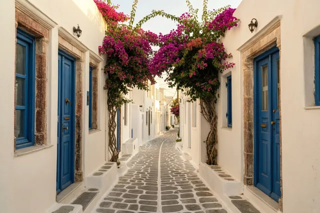 Een smal geplaveid steegje met witte muren, blauwe deuren en ramen is overhangen met fel magentakleurige bougainvillea.