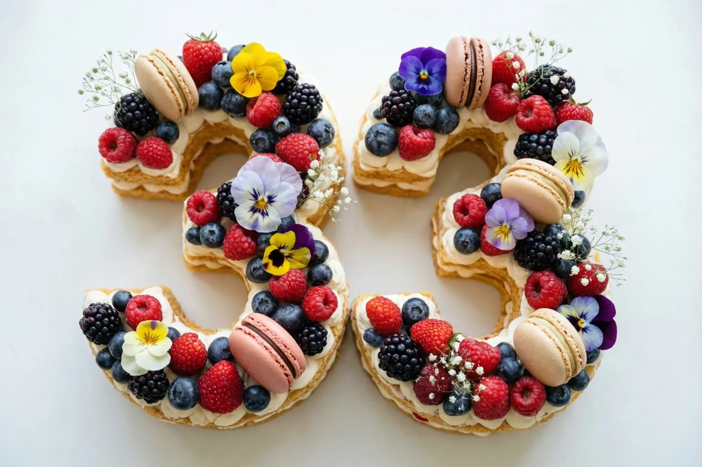 Een taart in de vorm van 33 staat op een effen wit oppervlak en is versierd met bessen, macarons en eetbare bloemen.