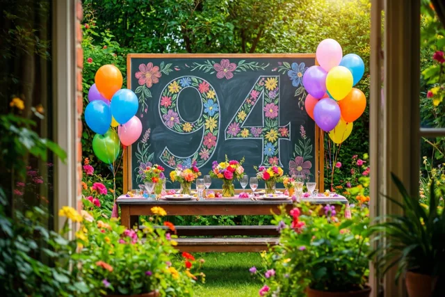 Door een raamkozijn is een feestelijke tuintafel zichtbaar met een krijtbord met 94, kleurrijke bloemen, ballonnen en omringend groen.