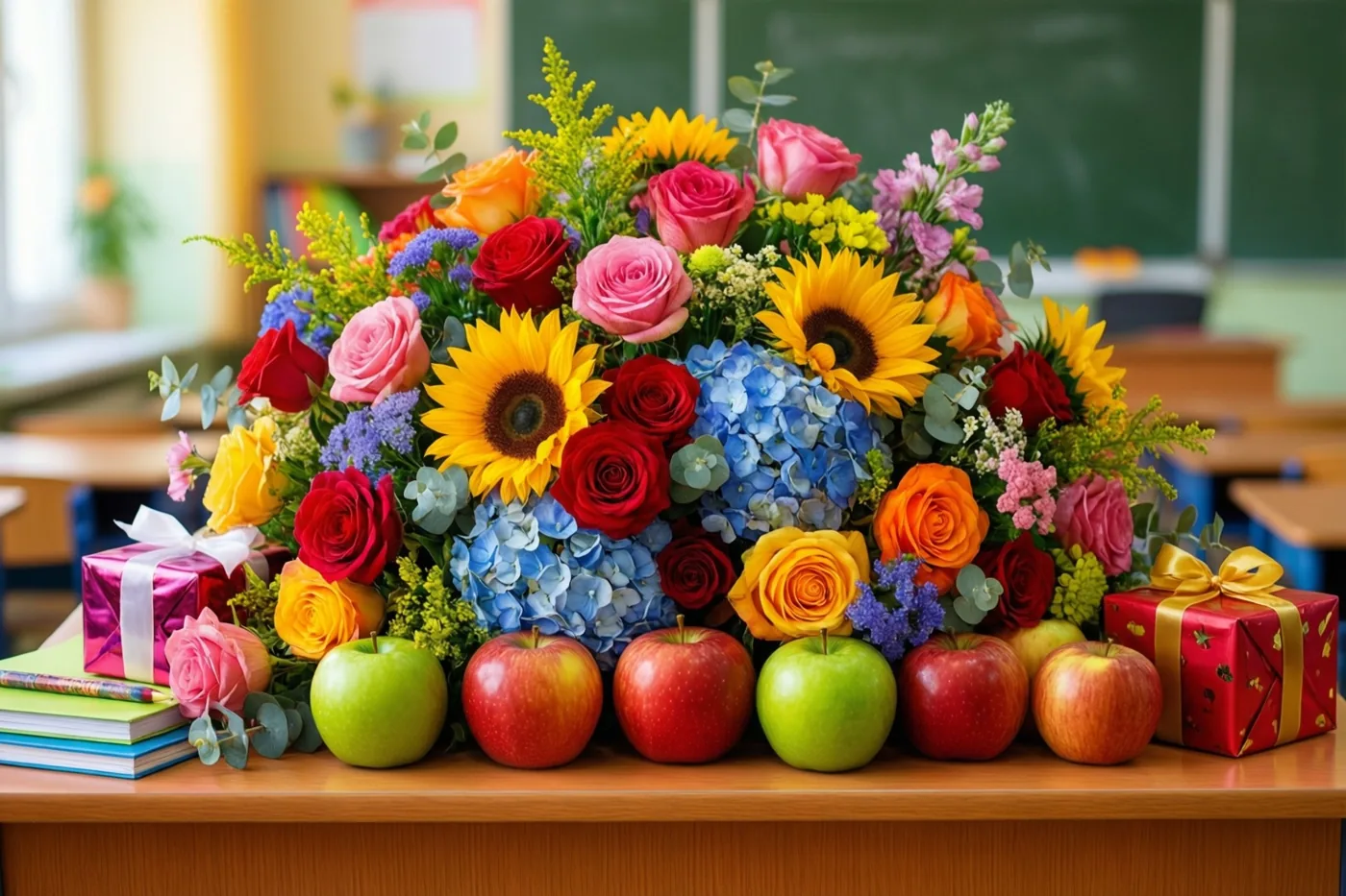 Een kleurrijk bloemstuk met zonnebloemen, rozen en hortensia’s staat naast rode en groene appels en ingepakte cadeaus op een leerkrachtenbureau, met een groen schoolbord op de achtergrond.