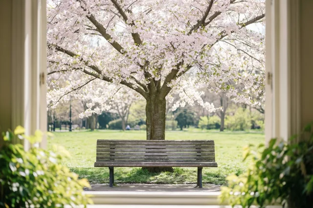 Door een open deuropening is een lege houten parkbank onder een bloeiende kersenboom te zien, met roze bloesems en groen gras in zacht daglicht.
