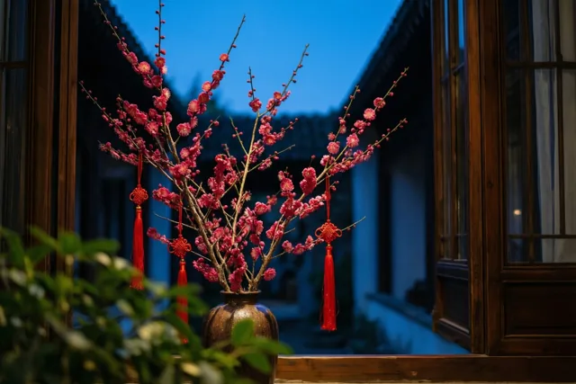 Door een houten raam is een vaas met roze pruimenbloesems en rode kwasten op een vensterbank te zien, met een schemerblauwe binnenplaats erachter.