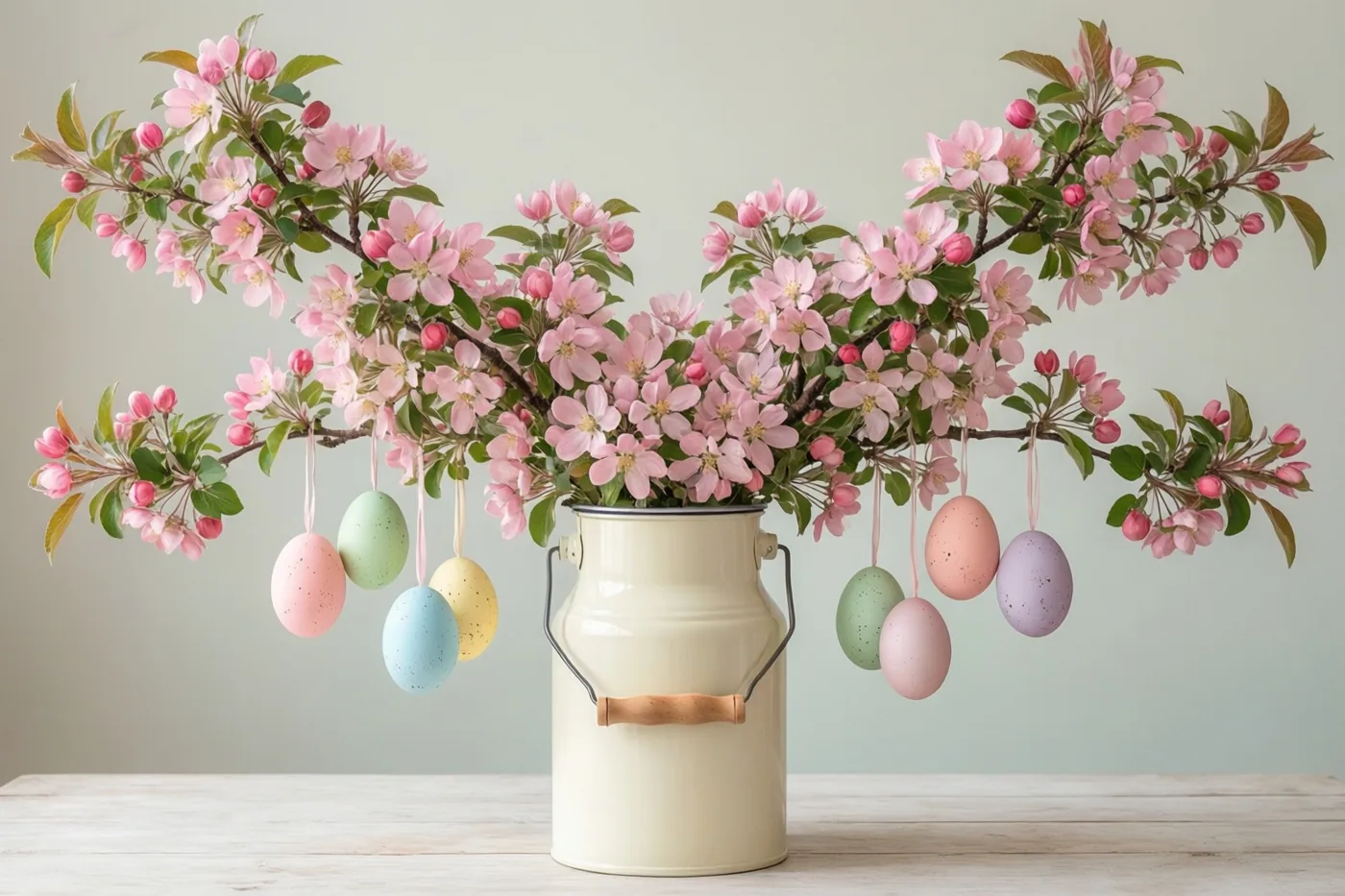 Roze appelbloesemtakken met hangende paaseieren in pastelkleuren staan in een crèmekleurige melkbus op een licht houten ondergrond tegen een zachte, neutrale achtergrond.