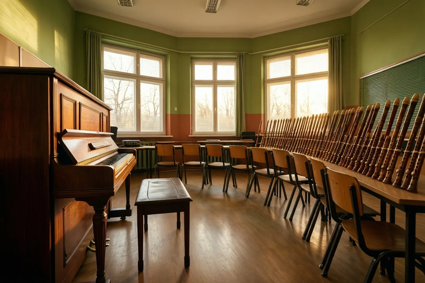 In een muzieklokaal met groene muren en een houten vloer staan een staande piano links, een lange rij blokfluiten op een tafel en stoelen in een halve cirkel in warm raamlicht.