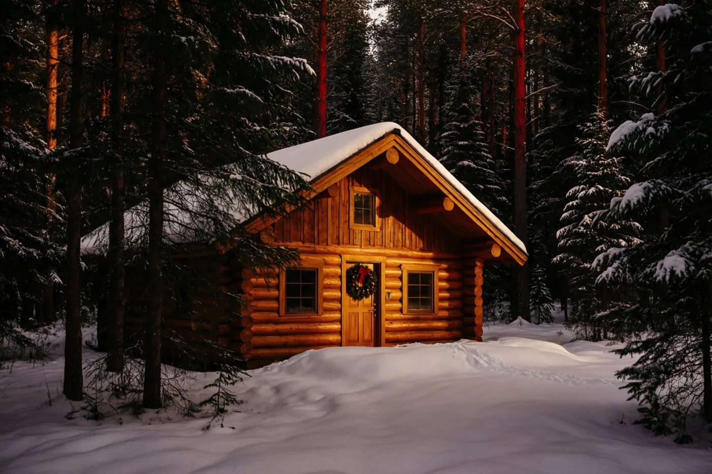 Een houten blokhut staat in diepe sneeuw tussen hoge sparren, met een kerstkrans aan de deur en warm goudkleurig licht over het tafereel.