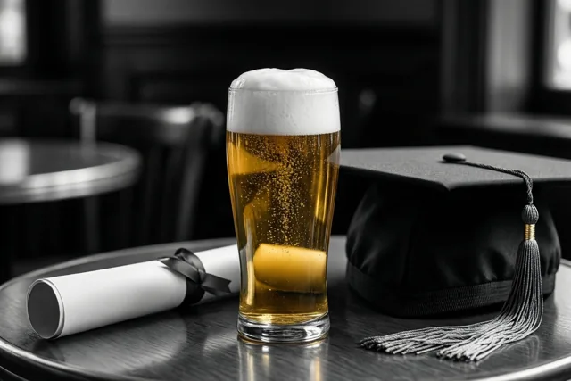 Een glas blond bier met een dikke witte schuimkraag staat op een donkere houten cafétafel naast een afstudeerhoedje en een opgerold diploma met een zwart lint, waarbij bier en tafel warme kleuren hebben tegen een monochrome achtergrond.