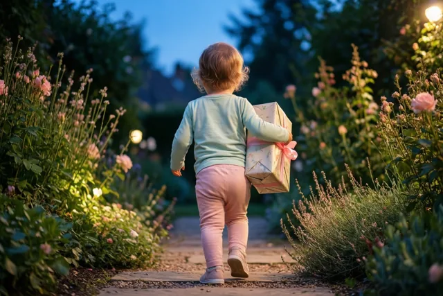 Een blonde peuter loopt van de camera weg over een stenen tuinpad met een ingepakt cadeau, tussen het groen in het zachte schemerlicht.