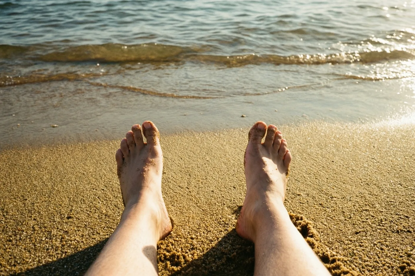 Blote voeten rusten in nat zand aan de waterlijn, van bovenaf gezien, met kleine golven vlakbij in warm zonlicht.