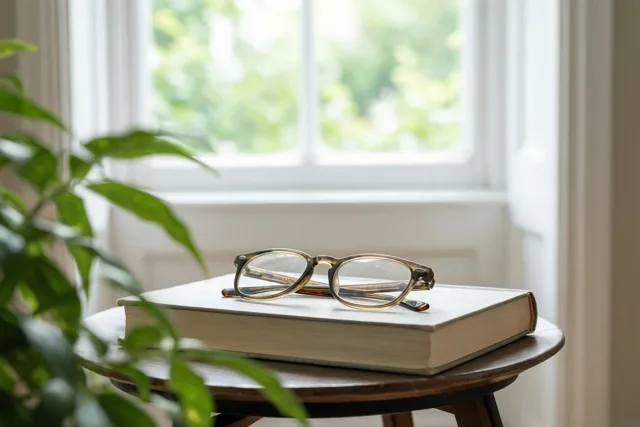 Een leesbril ligt op een gesloten boek op een houten bijzettafeltje bij een raam, met zacht daglicht en groene bladeren op de voorgrond.