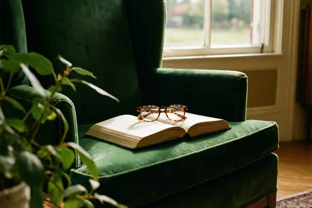Een open boek met een leesbril met schildpadmotief ligt op een diepgroene fluwelen fauteuil in warm namiddaglicht, met een potplant deels zichtbaar op de voorgrond.
