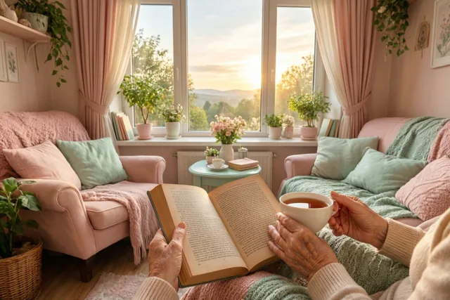 De handen van een oudere persoon houden een open boek en een kop thee vast in een roze woonkamer met planten en grote ramen die uitkijken op de zonsondergang.