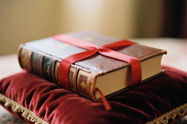 Een groot gesloten boek met leren kaft is dichtgebonden met een rood lint en ligt op een roodfluwelen kussen in zacht warm licht.