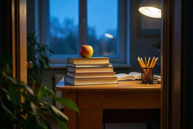 Op een houten bureau liggen boeken met een appel erbovenop naast een pot met potloden, verlicht door een lamp terwijl buiten het raam de schemering valt.
