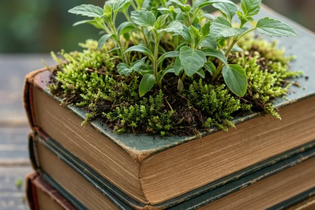 Een groen plantje en mos groeien boven uit een stapel versleten boeken op een houten oppervlak, tegen een zachte natuurlijke achtergrond.