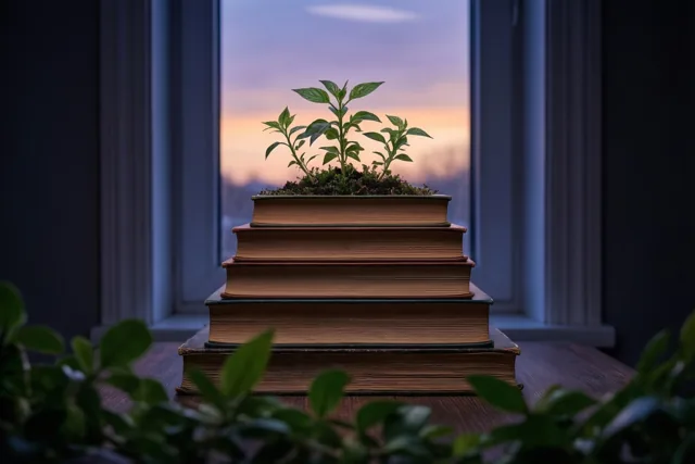 Op een houten oppervlak staat een stapel oude boeken waar bovenaan een groen plantje uit groeit, voor een raam met een schemerhemel.