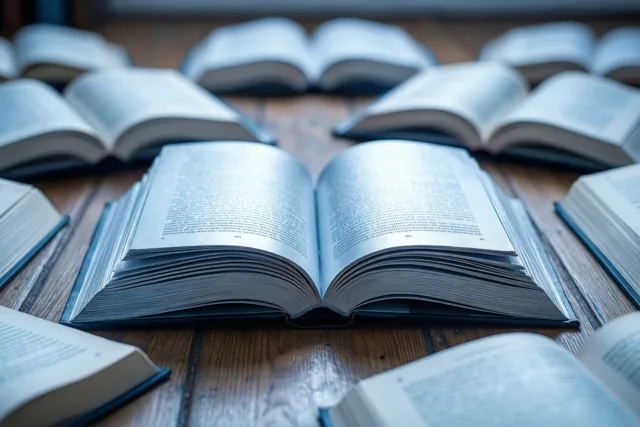 Van bovenaf zijn open boeken te zien die in een cirkel op een houten vloer liggen, in koele blauwe tinten.