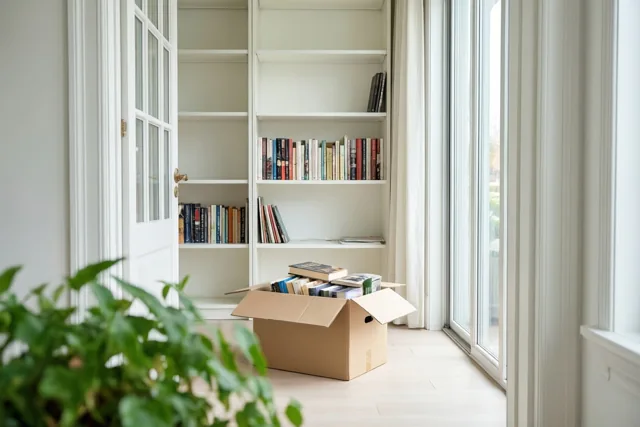 Een lege witte boekenkast staat in een lichte kamer, met een kartonnen doos vol boeken op de vloer en daglicht door een groot raam.
