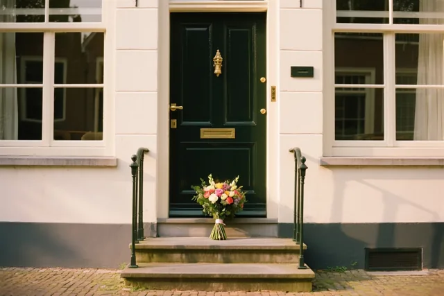 Een kleurrijk boeket ligt op de stenen drempel van een donkergroene voordeur van een wit Vlaams herenhuis in goudkleurig zonlicht.