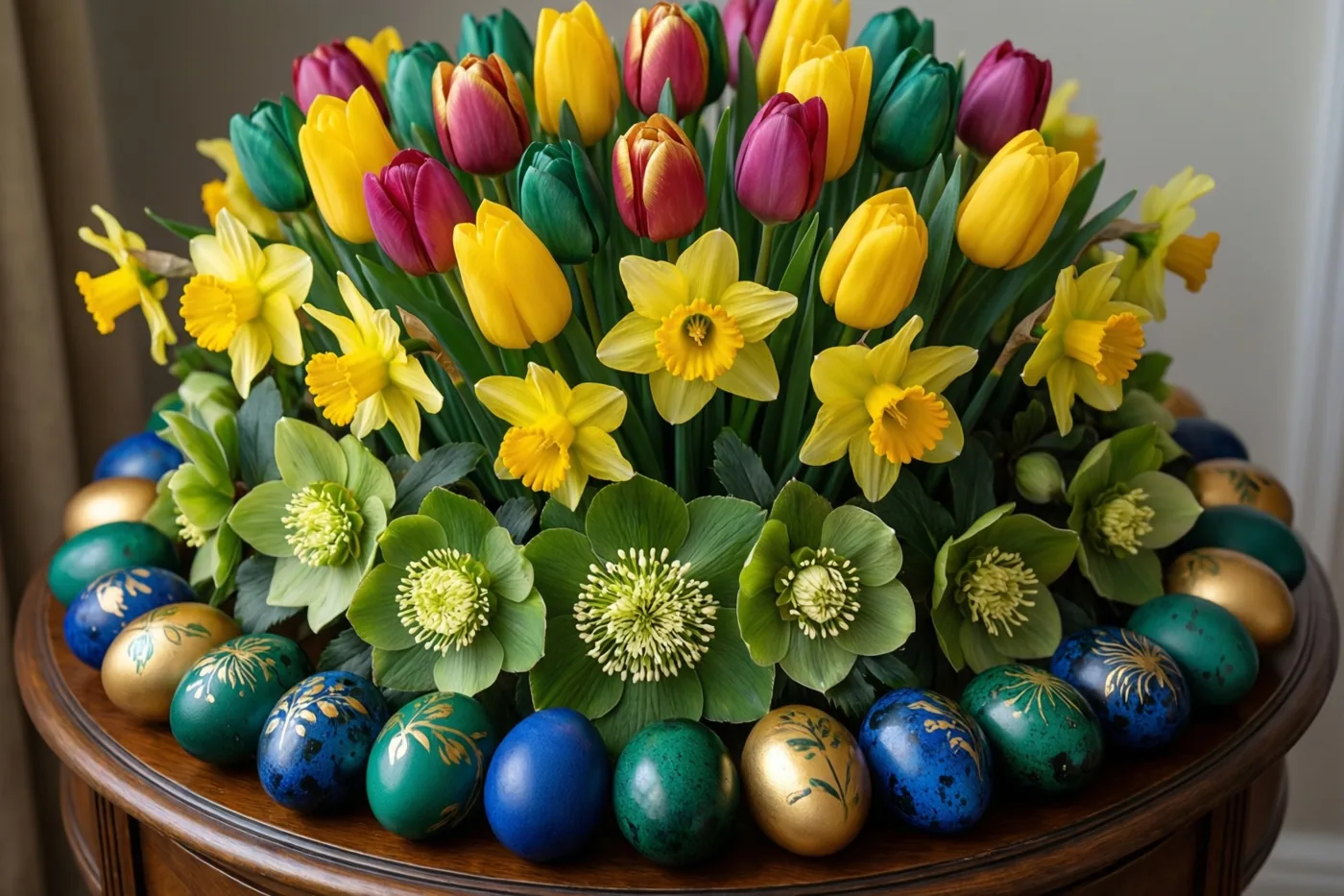 Een boeket met tulpen, narcissen en helleborussen staat op een houten dressoir, omringd door een kring van fijn beschilderde paaseieren.
