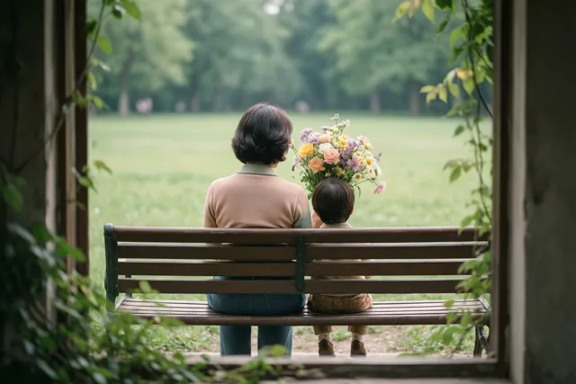 Een moeder en kind zitten met hun rug naar de camera op een houten parkbank, met een boeket in de handen van het kind en groen en een houten constructie rondom.