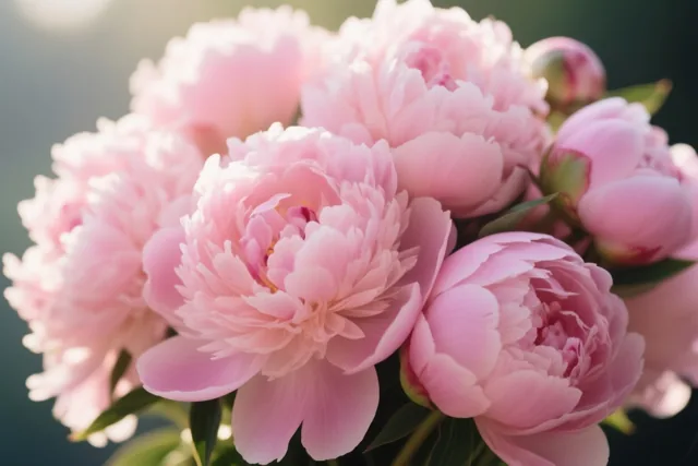 Een groot boeket opengebloeide roze pioenen met groene bladeren staat in zacht ochtendlicht tegen een onscherpe achtergrond in gedempte tinten.